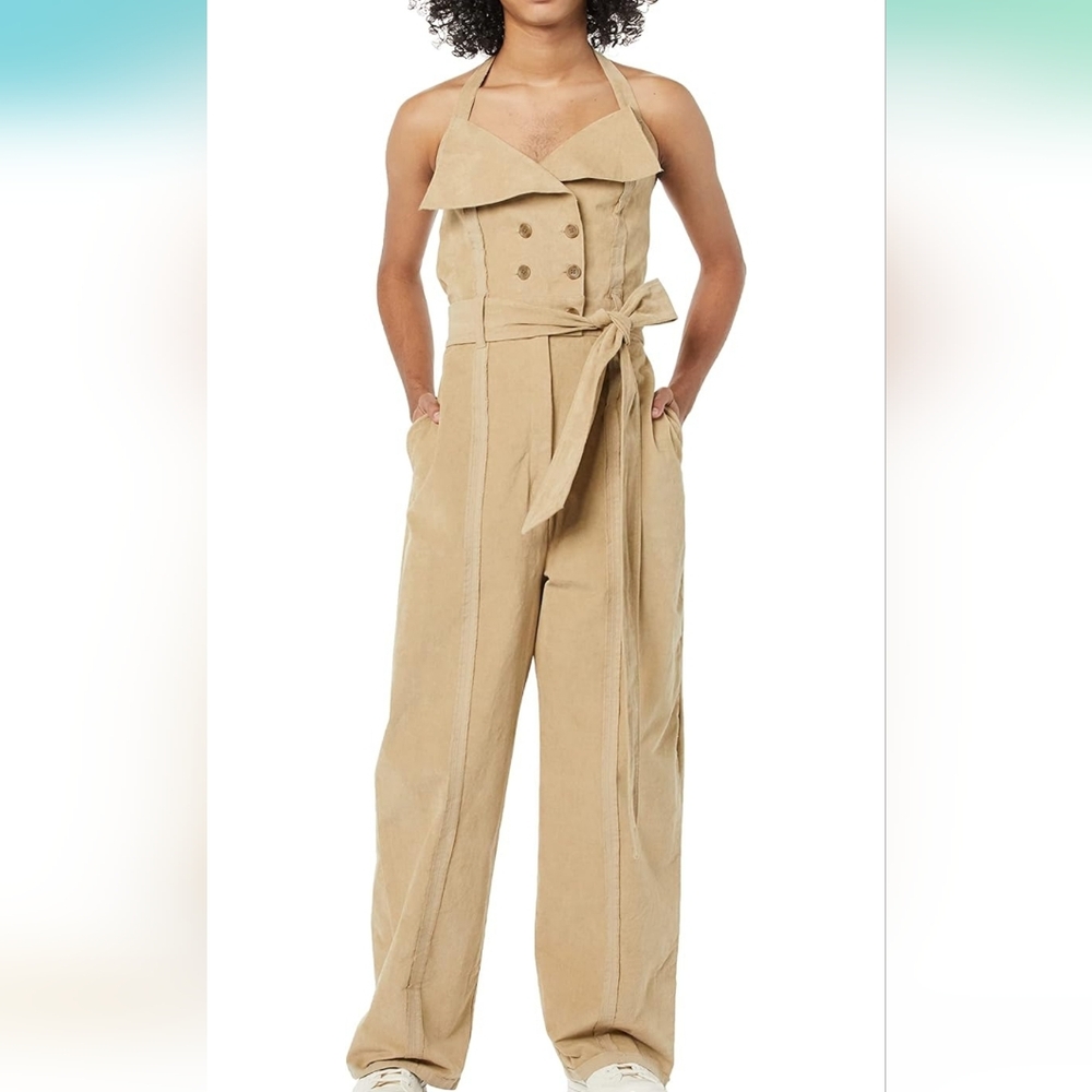 Making the Cut Corduroy Tan Wide Leg Halter Deconstructive Jumpsuit Size M